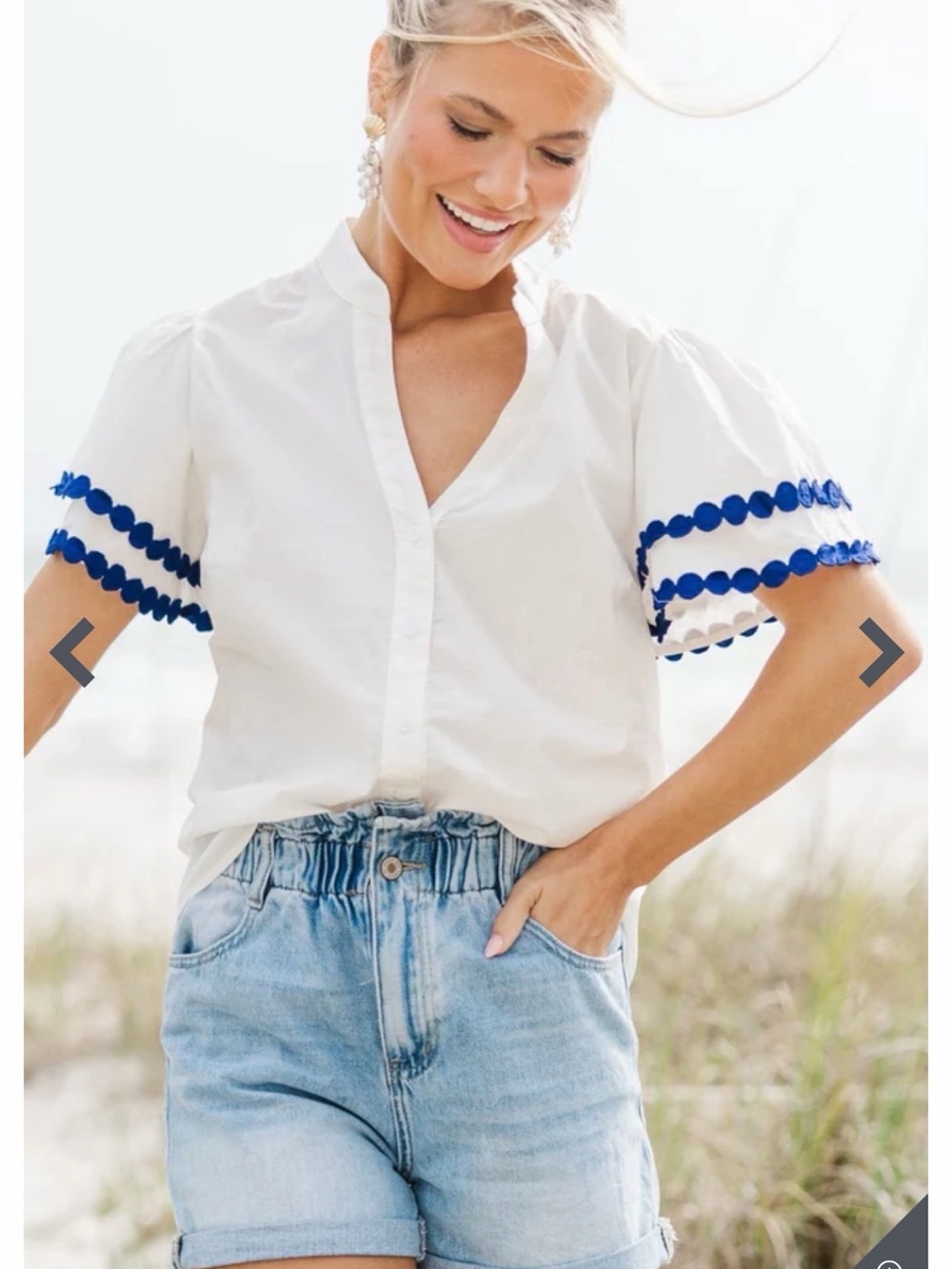 Flying Tomato White Button-Down Blouse with Blue Sleeve Trim